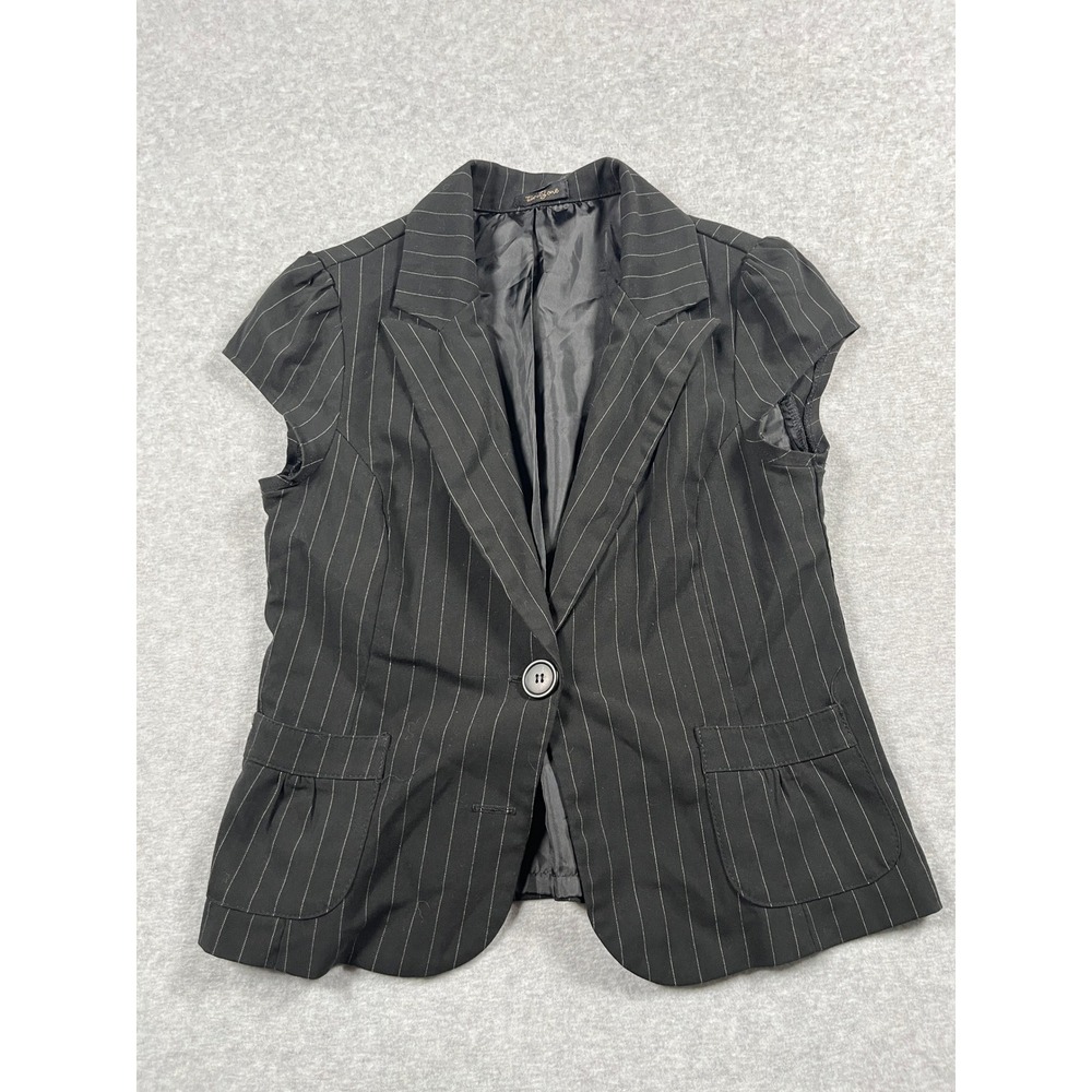 VTG Y2K Cap Sleeve Vest Women M Black Pinstripe Dark Academia Steampunk Goth Emo